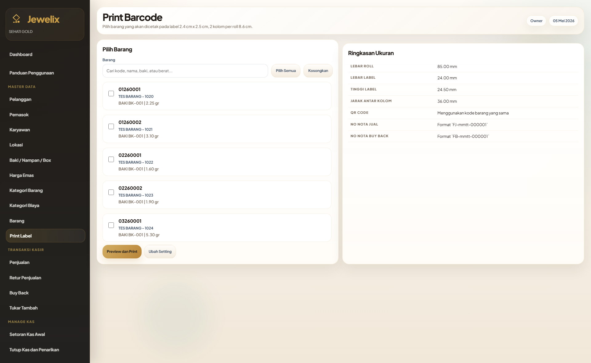 Screenshot fitur cetak barcode dan label Jewelix