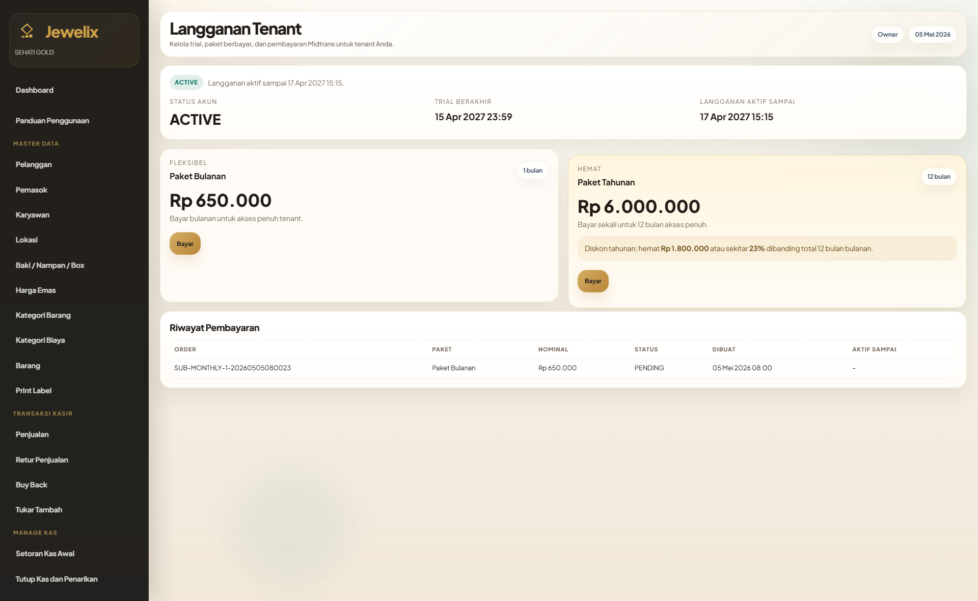Screenshot halaman billing langganan Jewelix