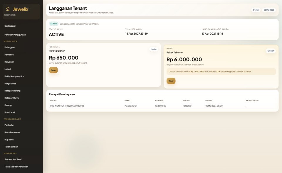 Screenshot halaman billing langganan Jewelix